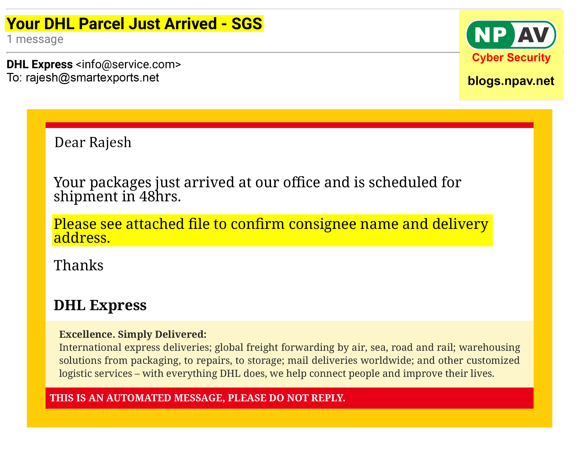 Featured image for email from mail delivery subsystem - Phishing scam posing as DHL parcel ...